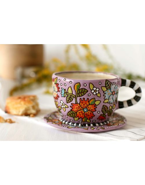 Keramika | Gėlėtas puodelis su lėkštute (PARDUOTA) 